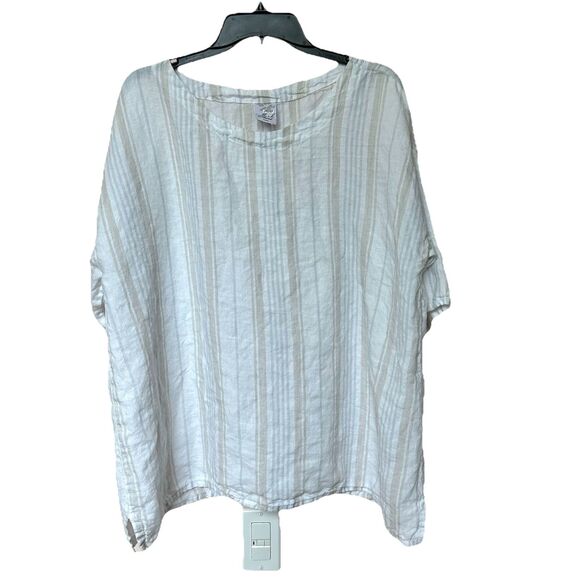 Match Point USA Linen Tunic Lg Short Sleeve Pullover White Striped Boxy - Picture 1 of 6